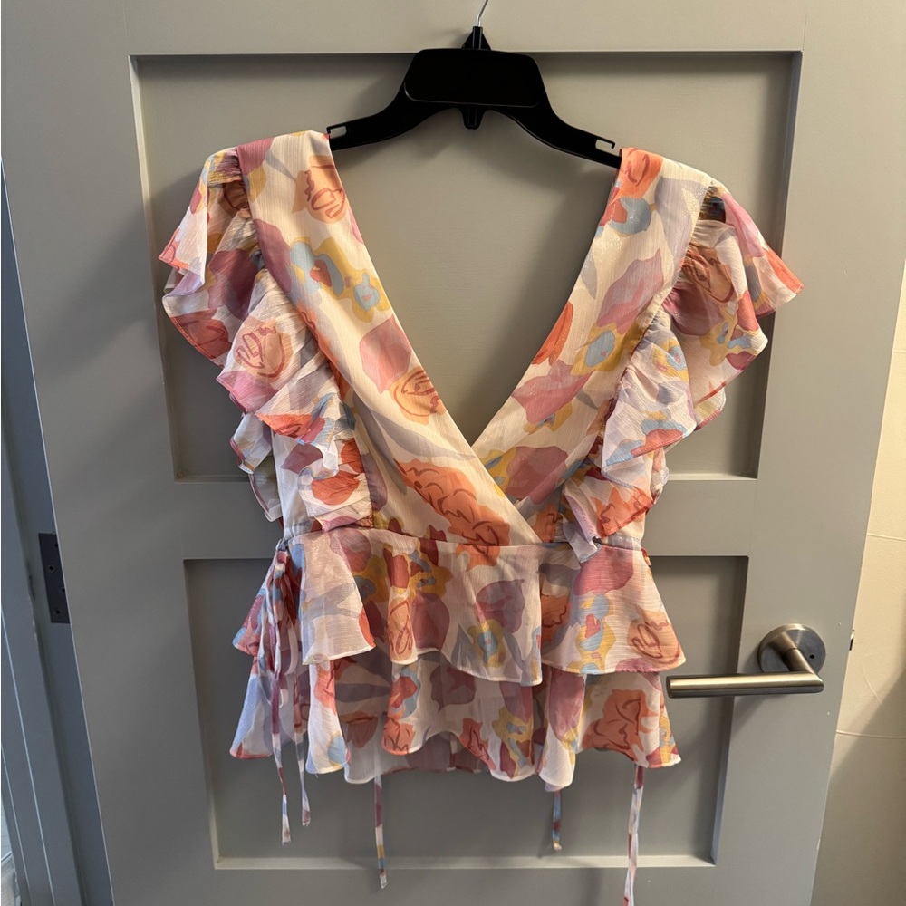 NWT TED BAKER Pink and Cream Floral Ruffle Blouse - Size 1